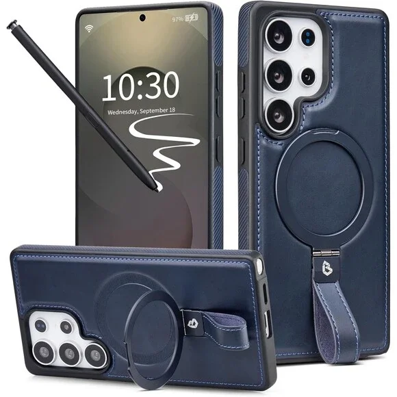 Butaiga for Samsung Galaxy S25 Ultra Case Leather with Stand, Anti-Slip Grip Rin