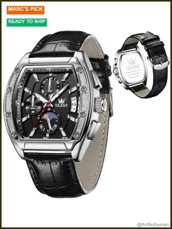 Mens Analog Quartz Chronograph Square Dress Watch Stainless Steel or Leather