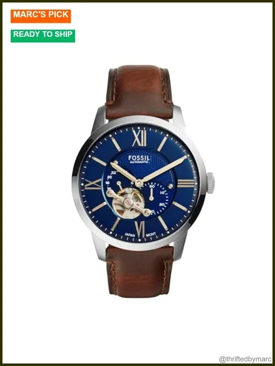 44mm Automatic Stainless Steel Watch with Brown Leather Band