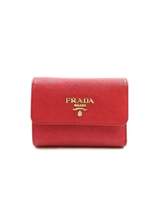 Prada Saffiano Metal Logo Leather Red Bifold Wallet Gold