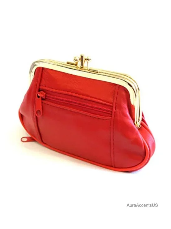 Genuine Leather Mini Wallet Frame Coin Purse with Zipper Closure