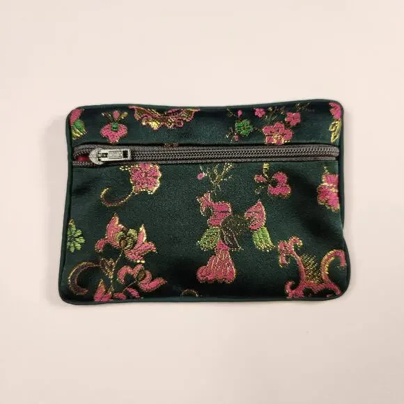 Asian Brocade Silk Coin Purse - Green Floral Zipper Pouch with Red Satin Lining