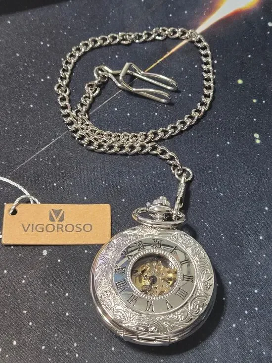 VIGOROSO Mechanical Skeleton Pocket Watch Silver Roman Numeral Chain New