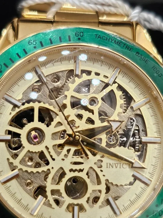 Invicta Automatic Skeleton Gold Watch with Green Bezel