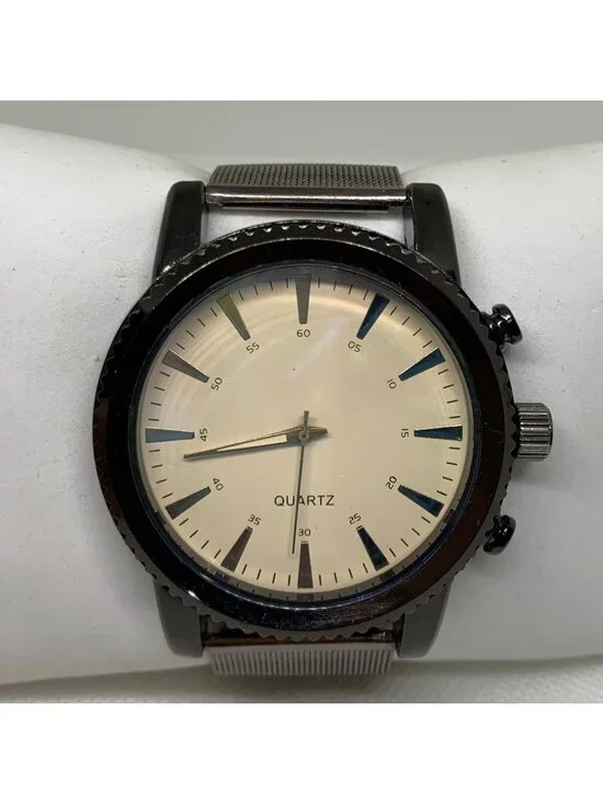 Men’s quartz analog watch black tone 49mm beige dial mesh band running
