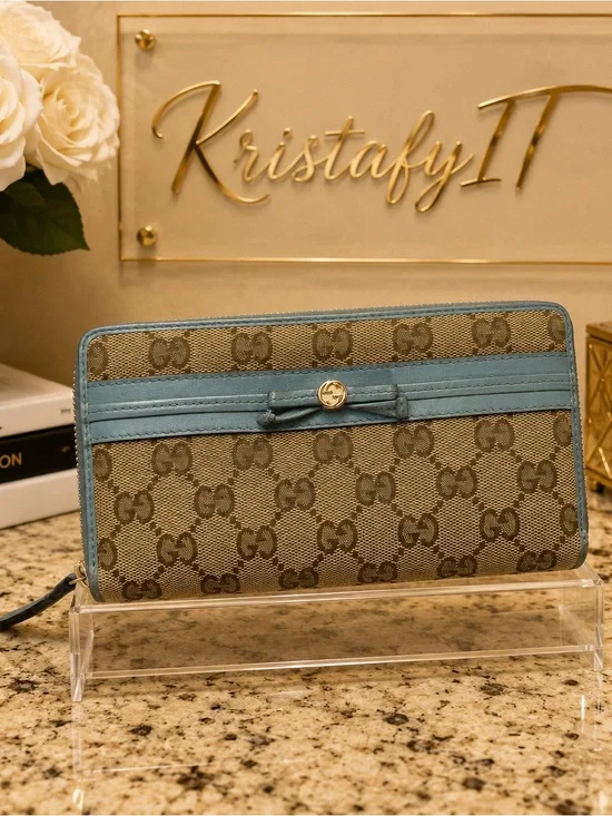 Gucci GG Canvas Zip Around Wallet Blue Leather Trim Bow Continental
