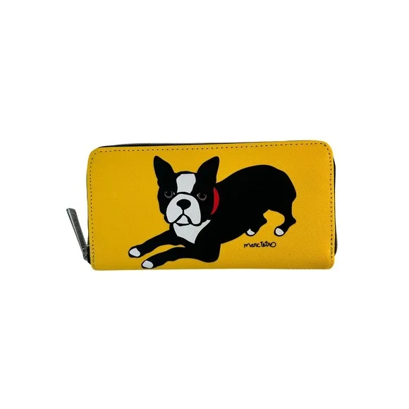 Marc Tetro Boston Terrier Wallet Yellow Zip Around Saffiano PVC‎
