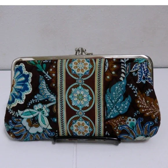 Vera Bradley Double Kisslock Clutch Brown Blue Provencal Quilted Floral Paisley