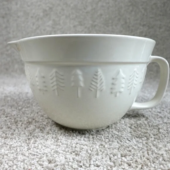 The Bake Shop Cream Ceramic Mixing Bowl Embossed Pine Trees Pour Spout Handle