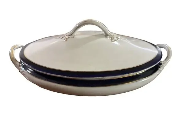 Vintage JHW & Sons Falcona Ware Tureen Covered Serving Dish Cobalt Blue Gold 30s