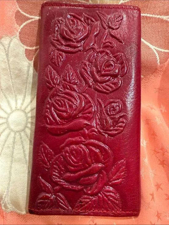 Embossed Rose Leather Clutch Wallet - Deep Berry