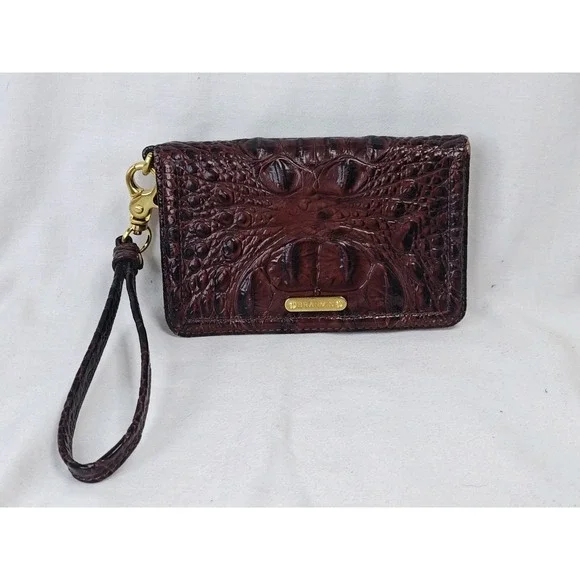 Brahmin Melbourne Pecan Crocodile Embossed Leather Bifold Wristlet Wallet Snap