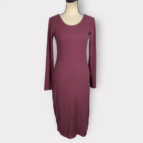 Chaser Purple Ribbed Long Sleeve Scoop Back Midi Dress Women's Size Small NWT