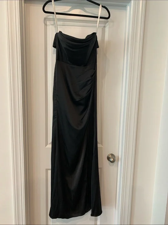 Azazie strapless Black Evening Gown - Classic column satin with split 6