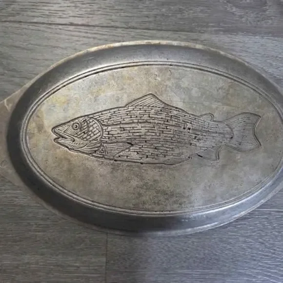 Vintage Italian Pewter Fish Mold Oval Baking Aspic Mold Wall Hanging Kitchen Dec