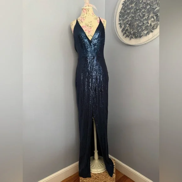 Navy Sequin V-Neck Prom Gown