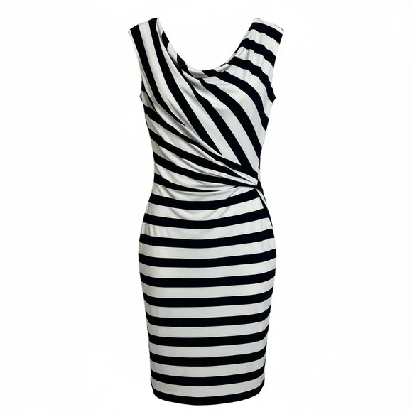 Lauren Ralph Lauren Navy‎ White Striped Draped Neck Sheath Dress Size 4