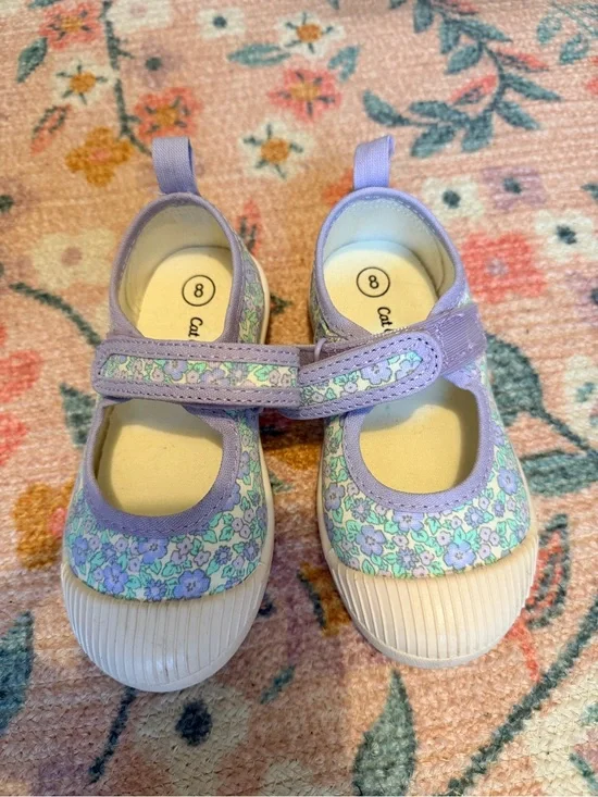 Cat & Jack Lavender Floral Mary Janes with Pastel Green Accents