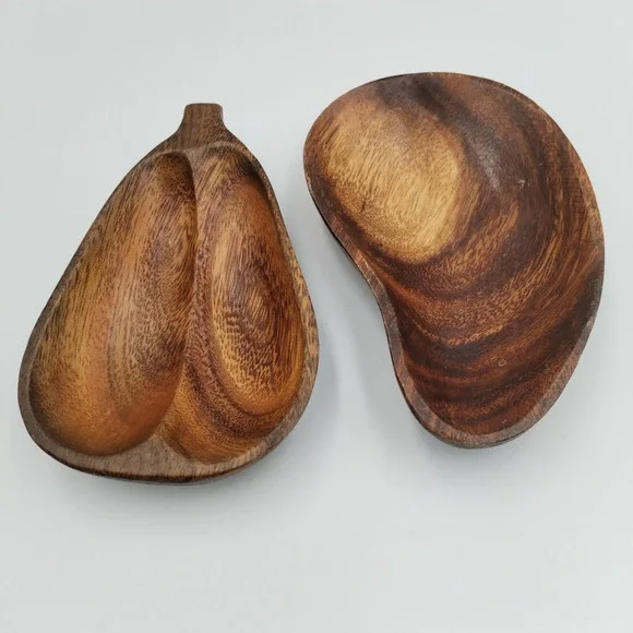 Vintage‎ Hand-Carved Monkey Pod Wood Bowls - Set of 2 (Pear & Kidney Shape)