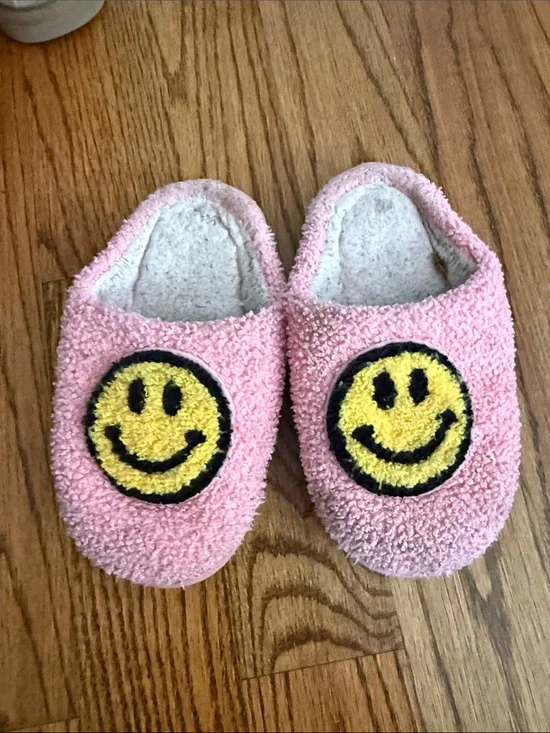 Pink Fuzzy Slip-On Slippers with Yellow Smiley Faces