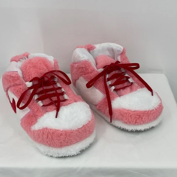 WOMENS SIZE 36-46 Pink & White Plush Sneaker Slippers - Soft Cozy Footwear