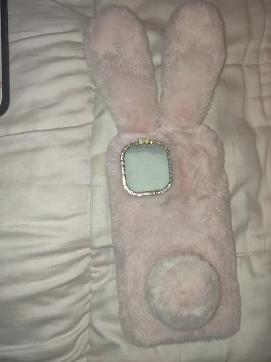 iPhone 13 Pink Fuzzy Bunny Phone Case with Pom Pom