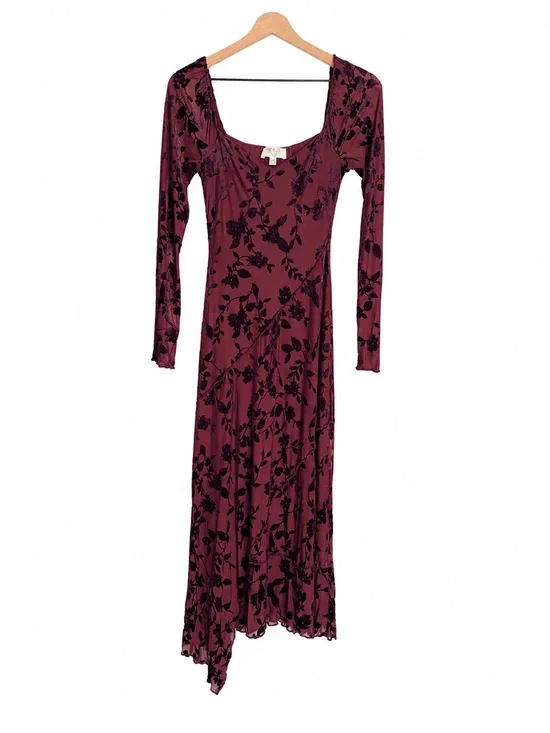 Row A Long Sleeve Burgundy Floral Maxi Dress XS