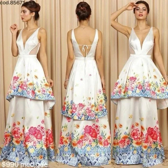 Floral Maxi Dress Party Gown Size L New