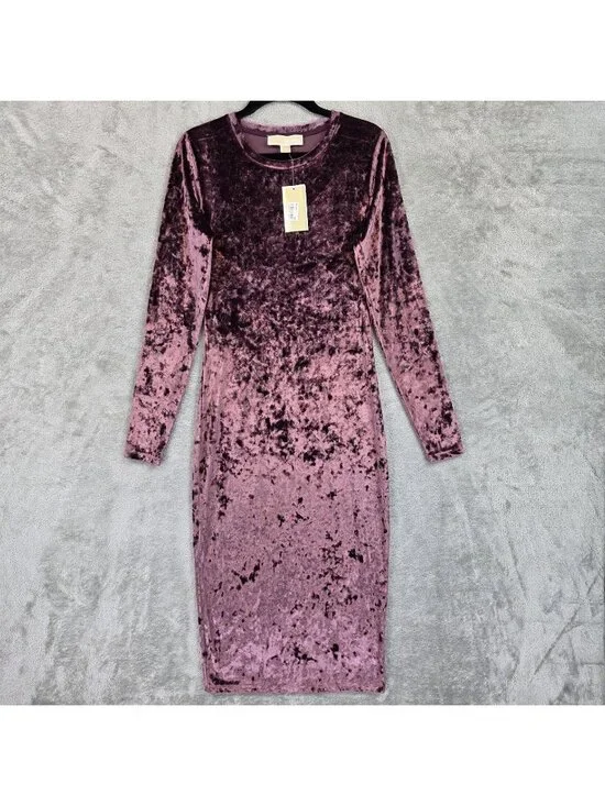 Michael Kors Dress Womens XS Purple Velvet Long Sleeve Bodycon Midi Party