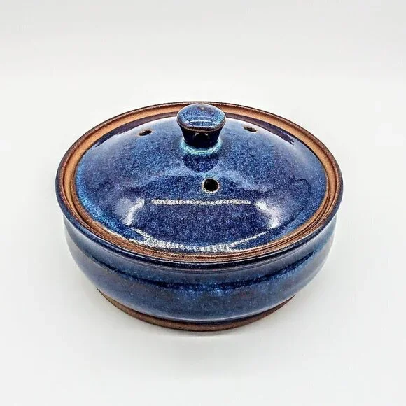 Blue Glazed Covered Ceramic Round Baker