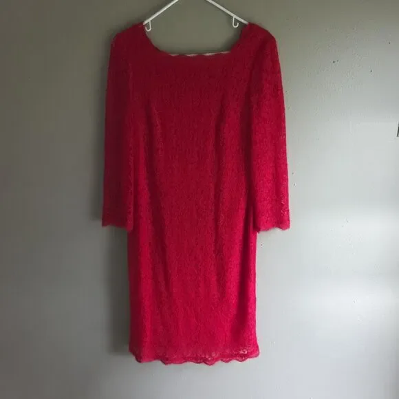 Cache Red Lace Midi Sheath Dress Size 10 Cocktail Party Eyelash Trim Full Zip