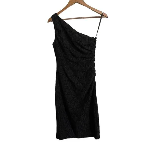 Lauren Ralph Lauren Womens Black One Shoulder Floral Eyelet Ruched Dress Size 4