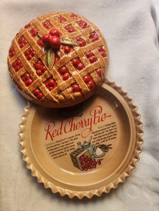 Vintage Cookwear, Red Cherry Pie Ceramic Covered Dish With Cherry Textured Top