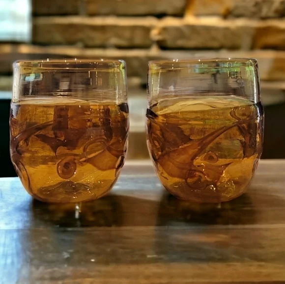 Federick Warren Signed Vintage Amber Handblown Art Glass Swirl Tumblers 1987
