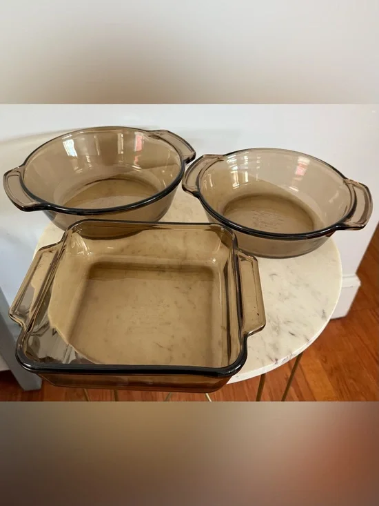 (3) ANCHOR HOCKING Fire-King Amber Brown Glass Dishes Casserole, Brownie, Bowl