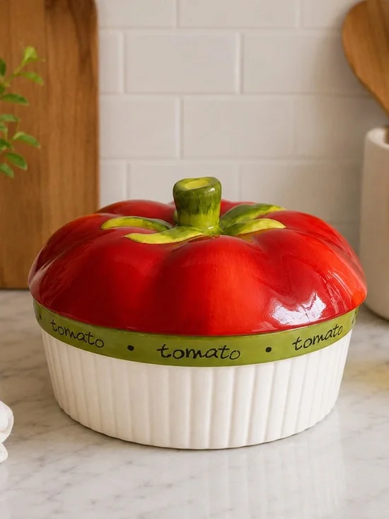 Vintage Certified International Round Ceramic Covered Casserole with Tomato Lid