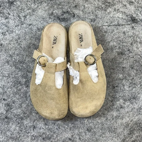 ZARA Kids Beige Suede Slip-On Clogs size 36/4 Leather Sliver Strap
