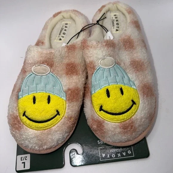 Dakota Fleece Girls Size L 2/3 Smiley‎ Face Beanie Plush Slippers Pink Checkered