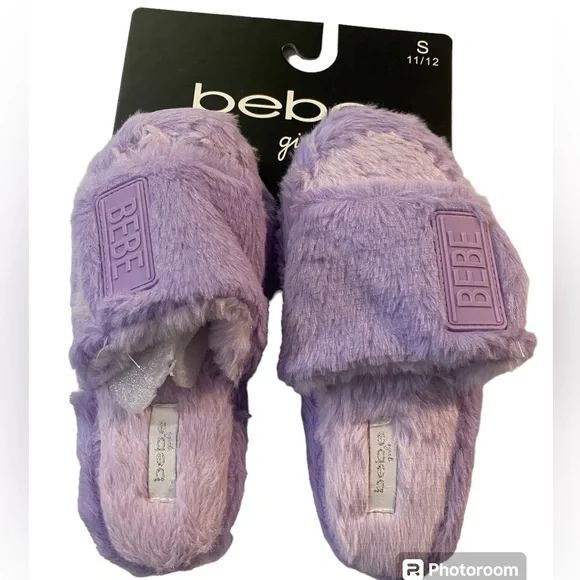 Bebe Girls Purple‎ Faux Fur Slides Slippers Logo Patch Size 11/12 NEW
