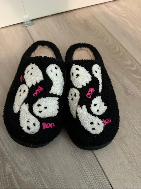 Kids Black Ghost Slipper Shoes with White Ghosts