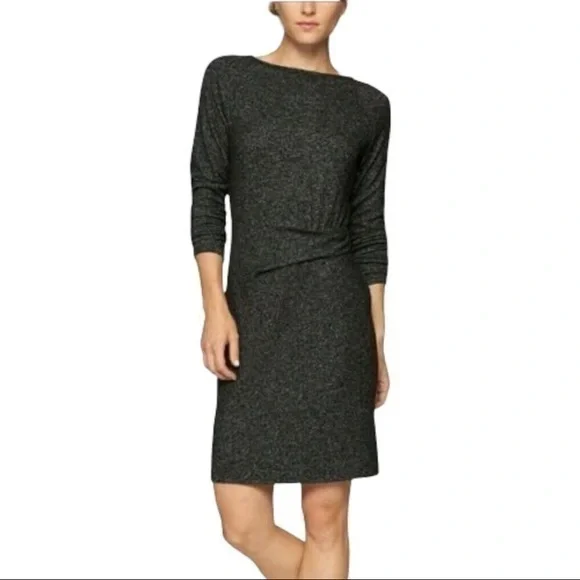 Athleta Solitude Black Marled Gathered Long sleeve knit dress O19