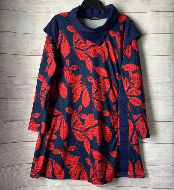 Reborn Navy Blue with Red Leaf Pattern Dress Folded Cowl Neck Fall Leaves XL