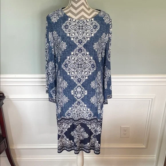 STUDIO ONE Blue Patterned Shift Dress Size XL