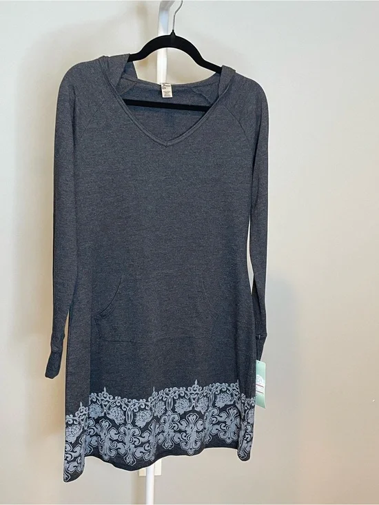 lola Charcoal Long-Sleeve Hooded Tunic with Decorative Hem