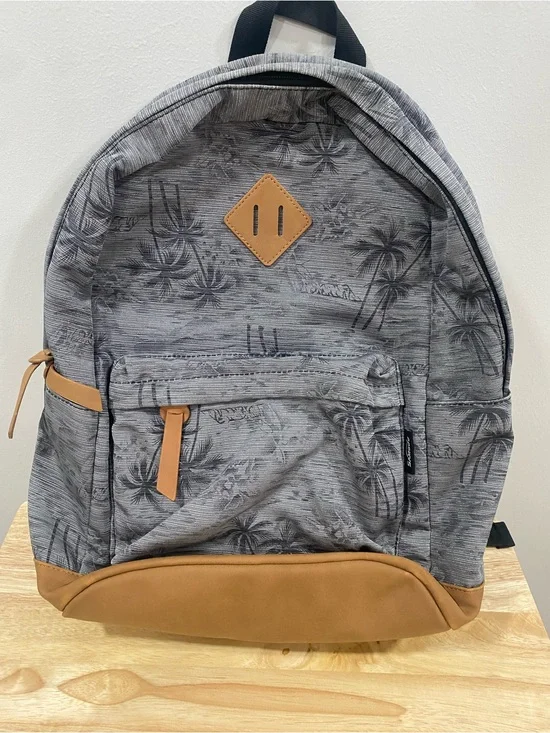 Grey Palm-Print Backpack with Tan Accents