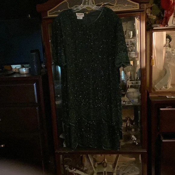 Brilliante By J.A. Vintage Pearl sequin Dark Green Party Dress 3XL