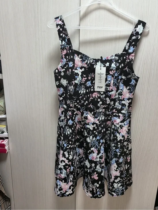 Black Floral Fit-and-Flare Dress with Pink & Blue Flowers
