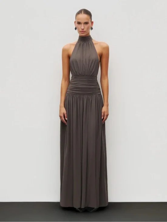 The Halter Slit Gown in Charcoal