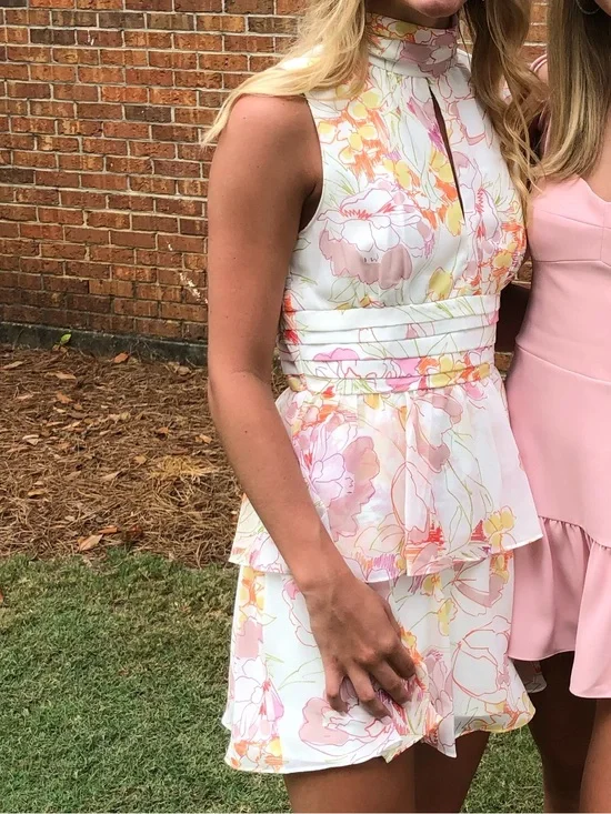 Amanda Uprichard Floral Print Mini Dress in Blush and Green