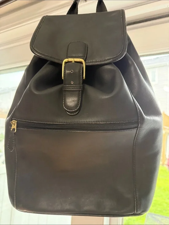 Coach Black Leather Backpack with Gold Buckle